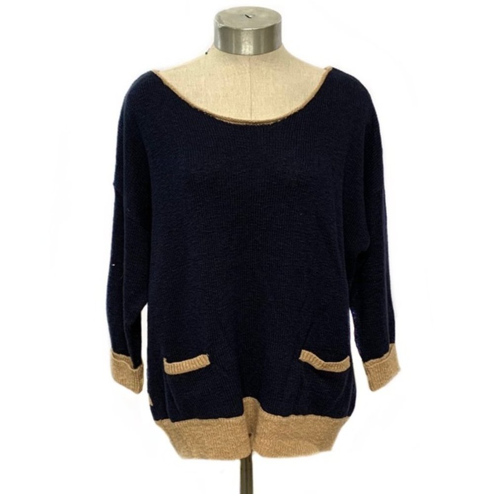 Lucky Brand Navy & Tan 3/4 sleeve scoop sweater sz XS EUC